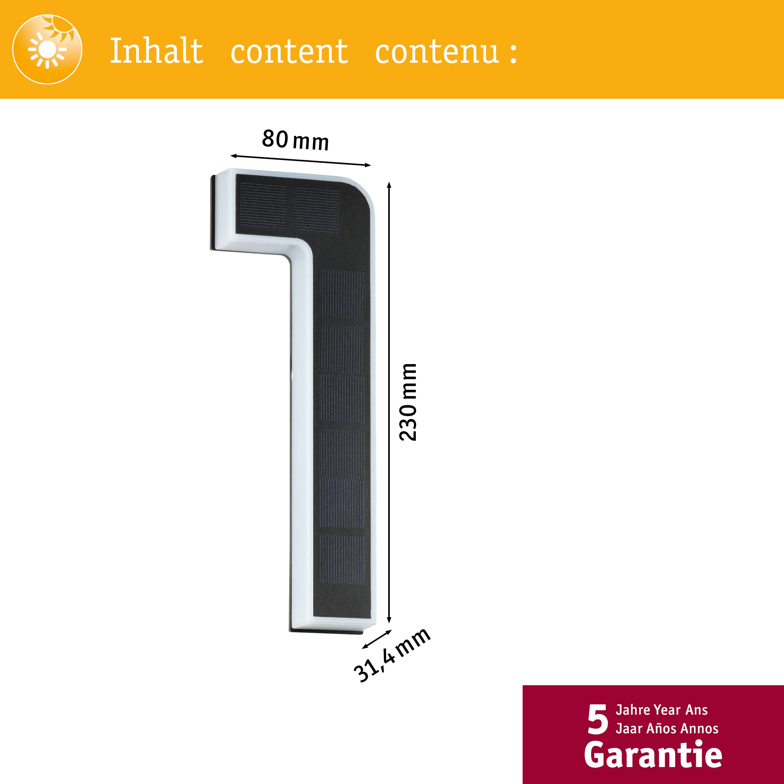Cijfer '1' in 3D-weergave met de afmetingen: 230 mm hoog, 80 mm breed, 31,4 mm diep. Vijf jaar garantie wordt vermeld.