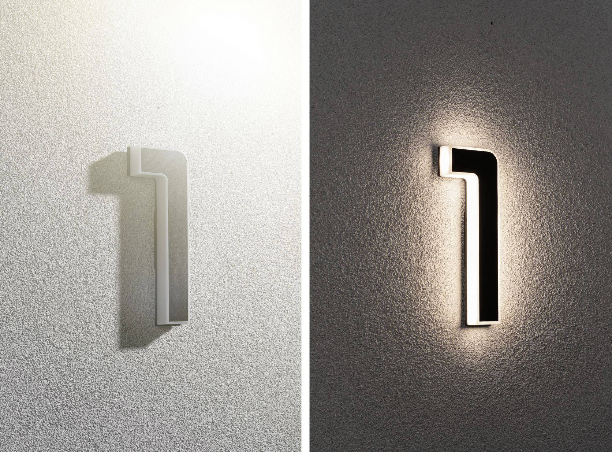 Links: Een witte wandlamp met schaduweffect. Rechts: Dezelfde lamp, ingeschakeld, creëert een warme lichtgloed op de muur.