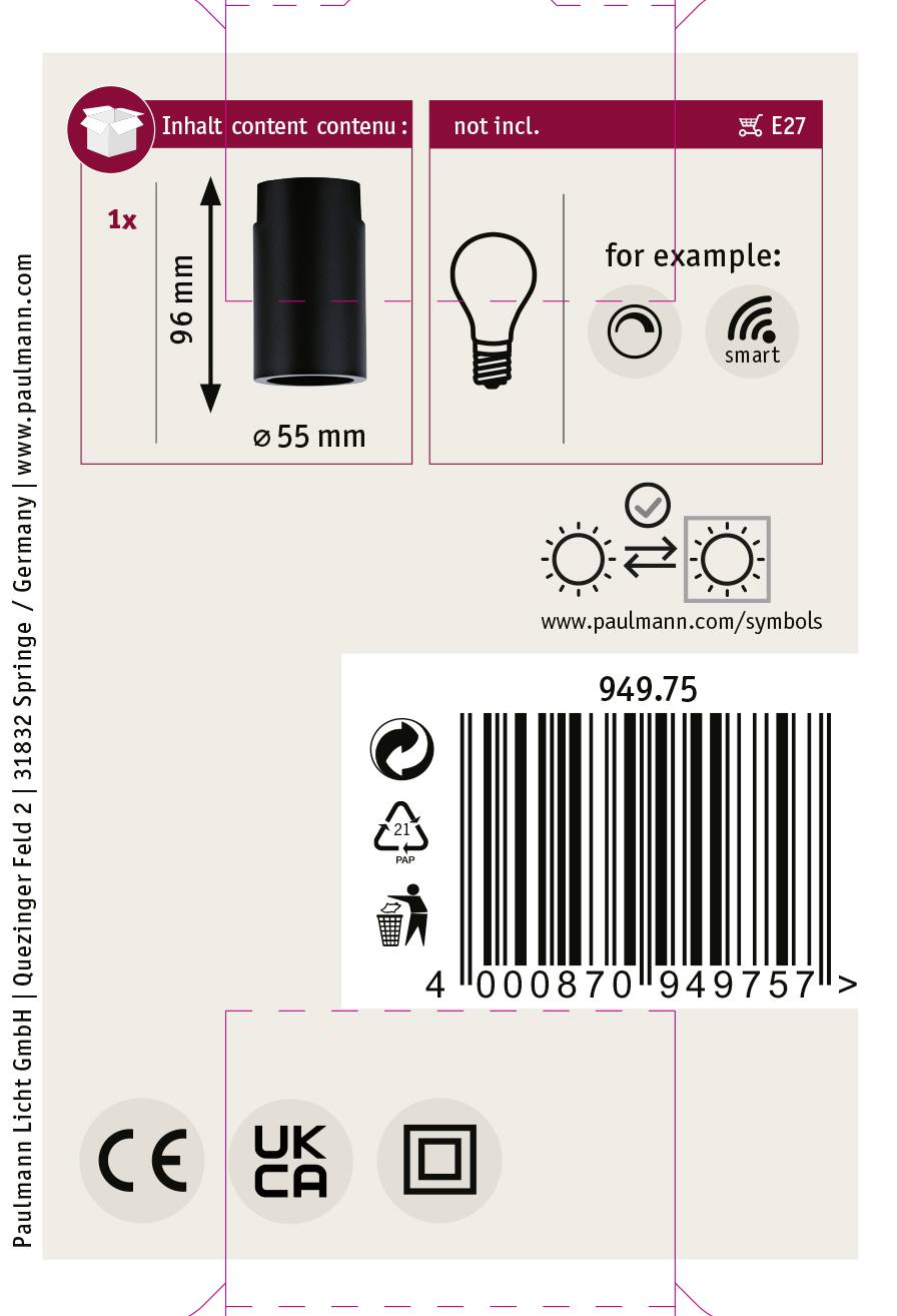 'Packaging of Paulmann Light: Contains an E27 socket (not included). Height 96 mm, diameter 55 mm. QR code printed.'