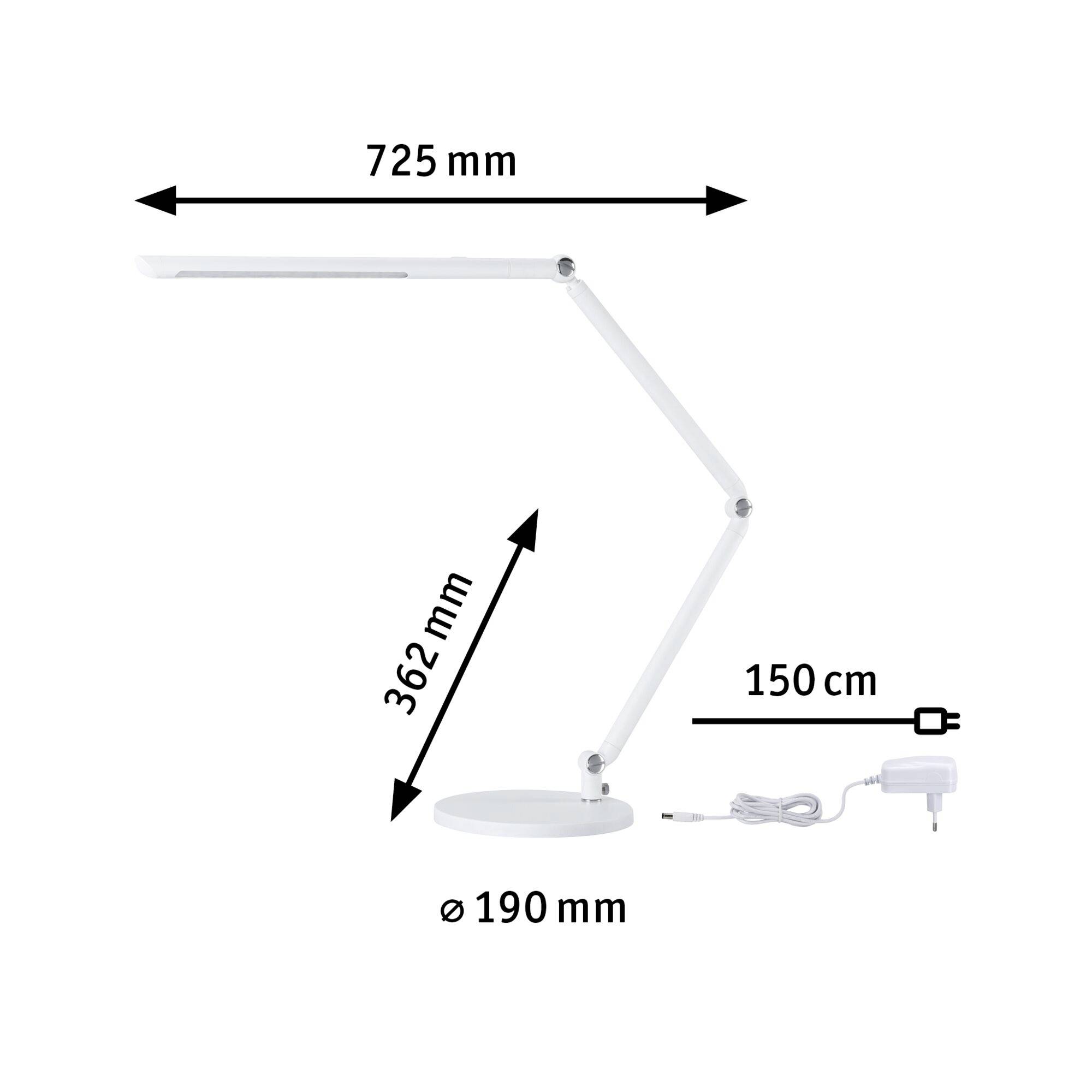 'Tafellamp in drie segmenteerbare secties, 725 mm lang, 362 mm hoog, met een diameter van 190 mm, inclusief 150 cm lang snoer.'