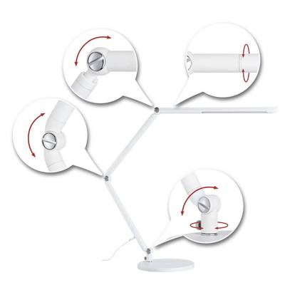 Bureaulamp met meerdere scharnieren voor flexibele positionering. Markeringen geven draaimogelijkheden bij verschillende punten aan.