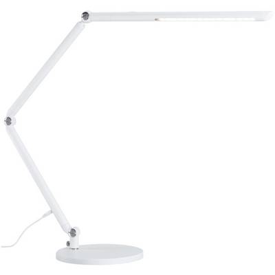 Witte, moderne bureaulamp met flexibele arm en rond voetstuk. Hij kan in verschillende posities worden afgesteld.