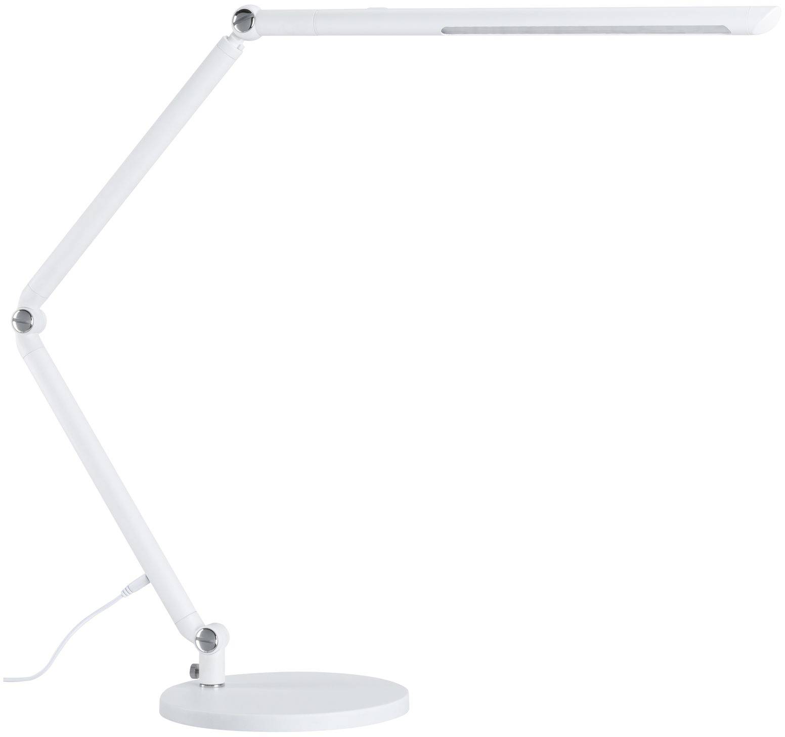 Een witte, moderne, verstelbare bureaulamp met een slank design en een ronde voet, gezien van opzij.