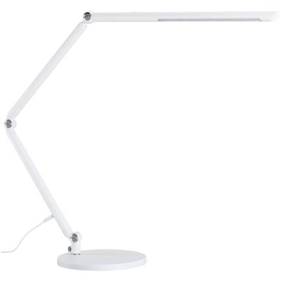 Een witte, moderne, verstelbare bureaulamp met een slank design en een ronde voet, gezien van opzij.