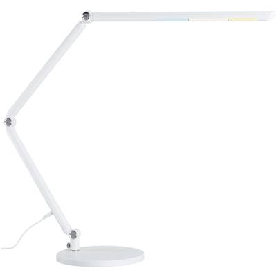 Witte bureaulamp met verstelbare arm, die een moderne en minimalistische stijl uitstraalt. Achtergrond is wit.
