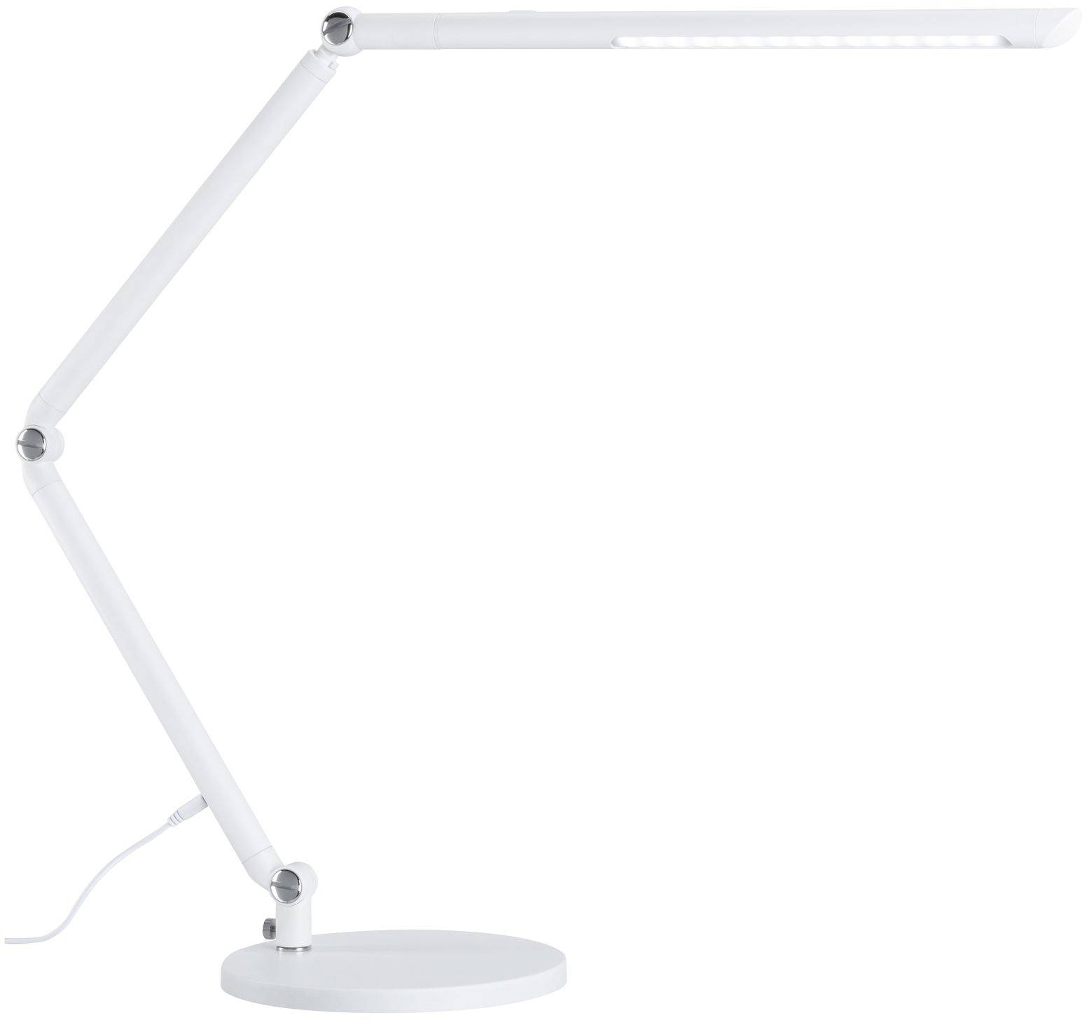 Witte, moderne tafellamp met verstelbare arm en rond onderstel op witte achtergrond.