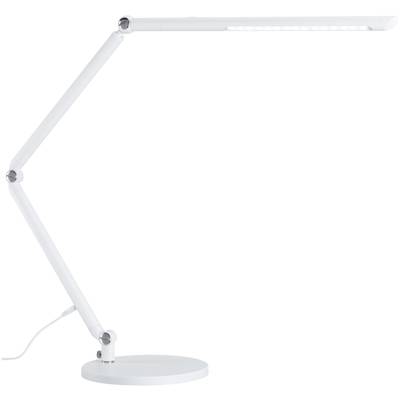 Witte, moderne tafellamp met verstelbare arm en rond onderstel op witte achtergrond.