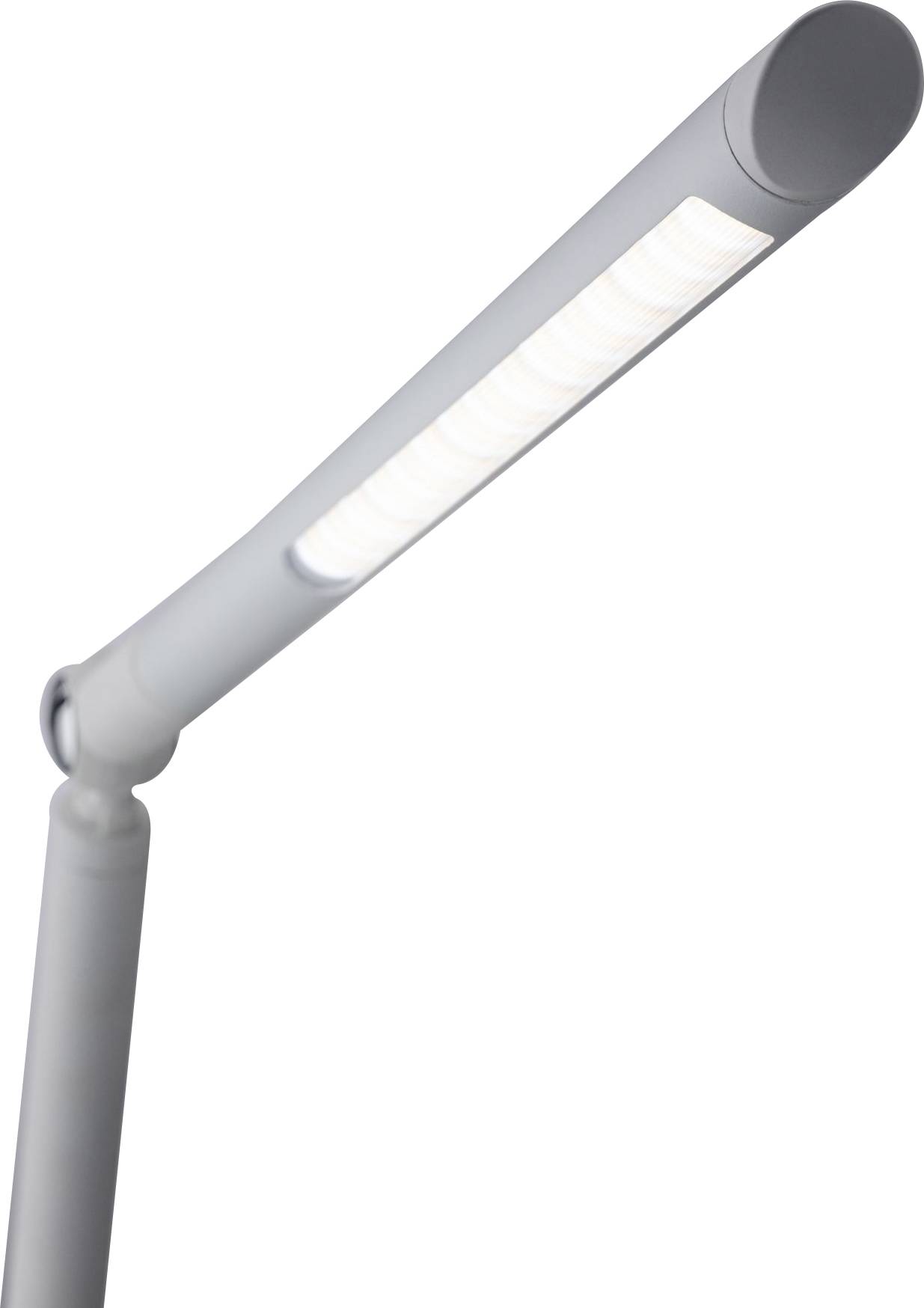 Een moderne, slanke LED-tafellamp met een flexibele arm die omhoog wijst. Geschikt voor bureaus of werkplekken.