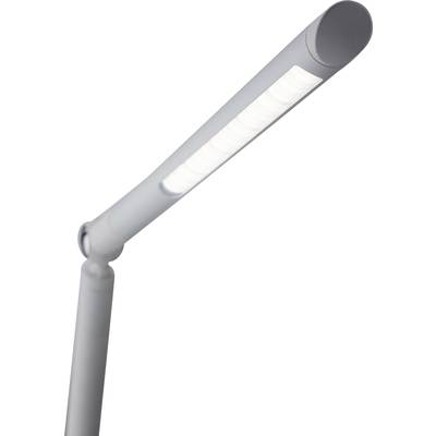 Een moderne, slanke LED-tafellamp met een flexibele arm die omhoog wijst. Geschikt voor bureaus of werkplekken.