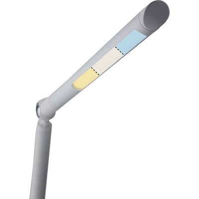 Een moderne, verstelbare tafellamp met gekleurde markeringen die verschillende lichtmodi voorstellen.