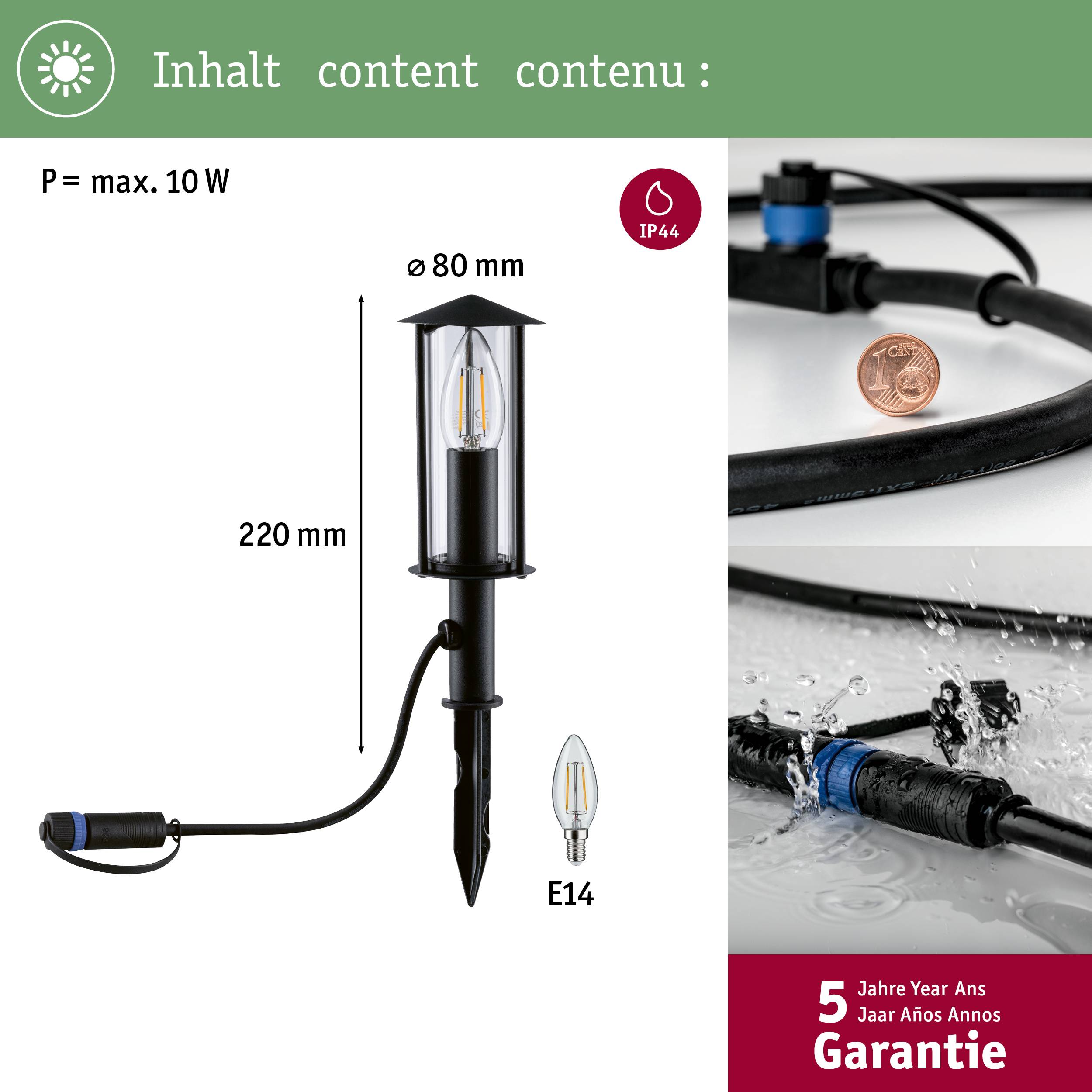 'Tuinlamp, hoogte 220 mm, zwart, fitting E14, IP44, max. 10W, met grondpin. Geschikt voor buitenruimtes, 5 jaar garantie.'