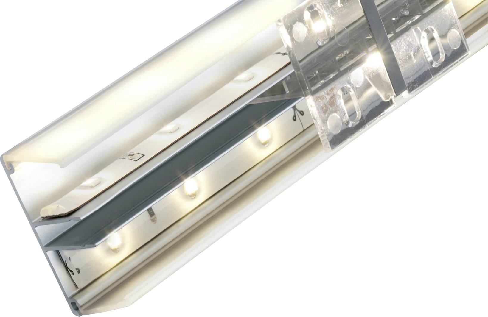 Een reflecterend licht-element met meerdere lichtgevende LED's in een metalen behuizing, dat licht in verschillende richtingen uitstraalt.