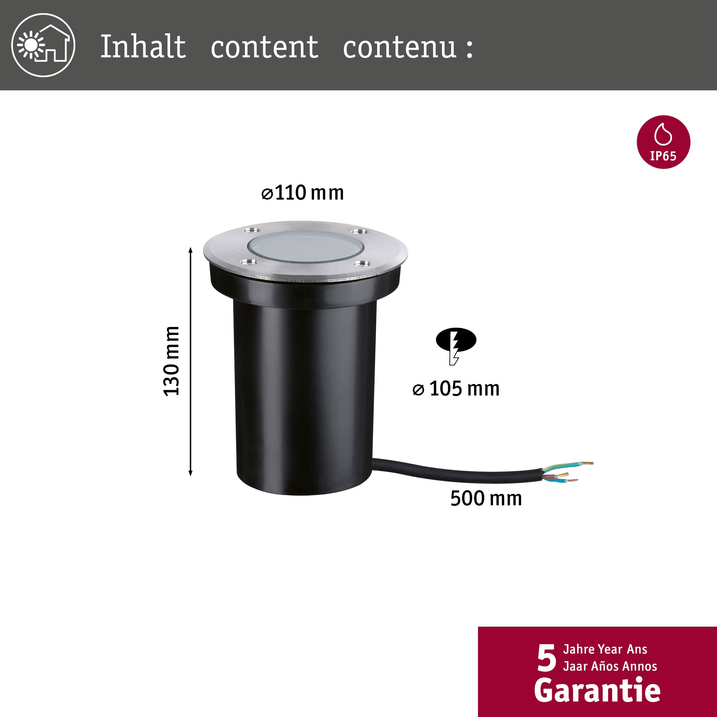 Inbouwverlichting met een diameter van 110 mm en een hoogte van 130 mm, IP65 gecertificeerd. Kabel aan rechterzijde geeft '500 mm' aan. Vermelding '5 jaar garantie' onderaan.