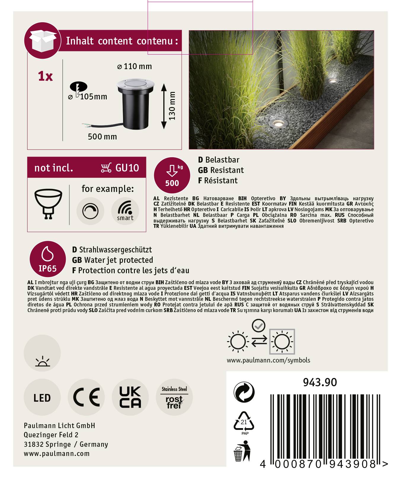 'Inhoud: 1x Lamp, belastbaar, spatwaterdicht. Geschikt voor GU10-lichtbronnen. Afmetingen: 110 mm diameter, 500 mm hoogte. Prijs: 943,90.'