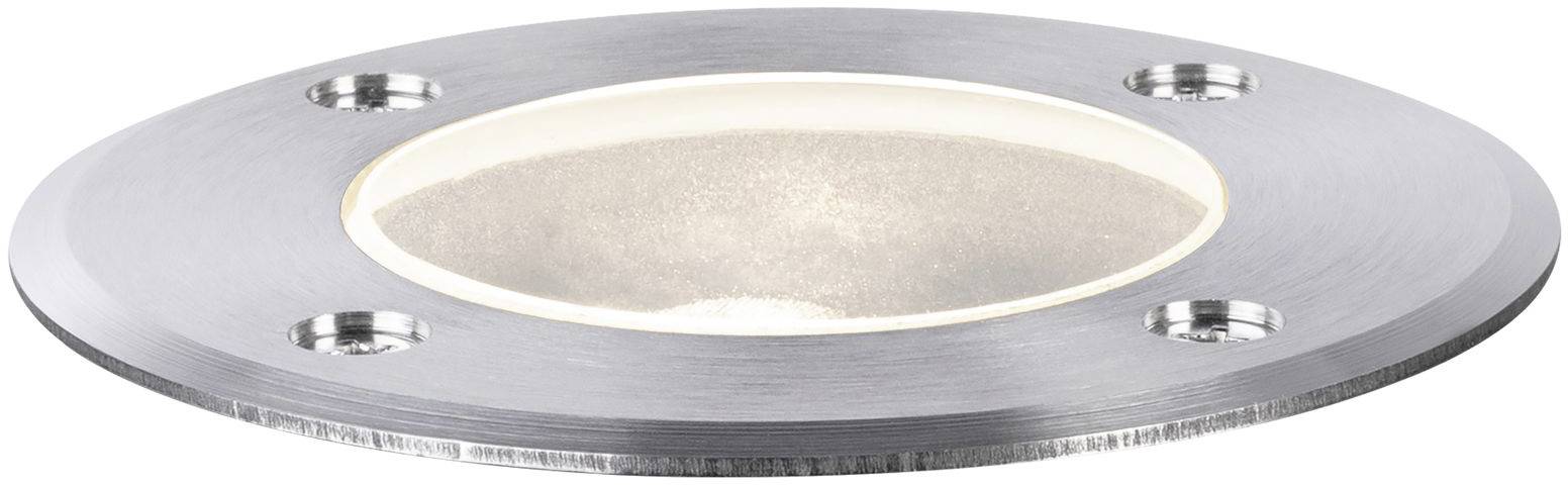 Een ronde, ingebouwde LED-vloerverlichting van geborsteld metaal met vier schroefgaten. Geschikt voor buitenverlichting.