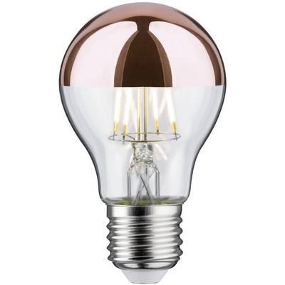Een gloeilamp met een koperkleurige spiegelkop en zichtbaar gloeidraad, die gloeit. Geschikt voor decoratieve verlichting en stijlvolle ruimtes.