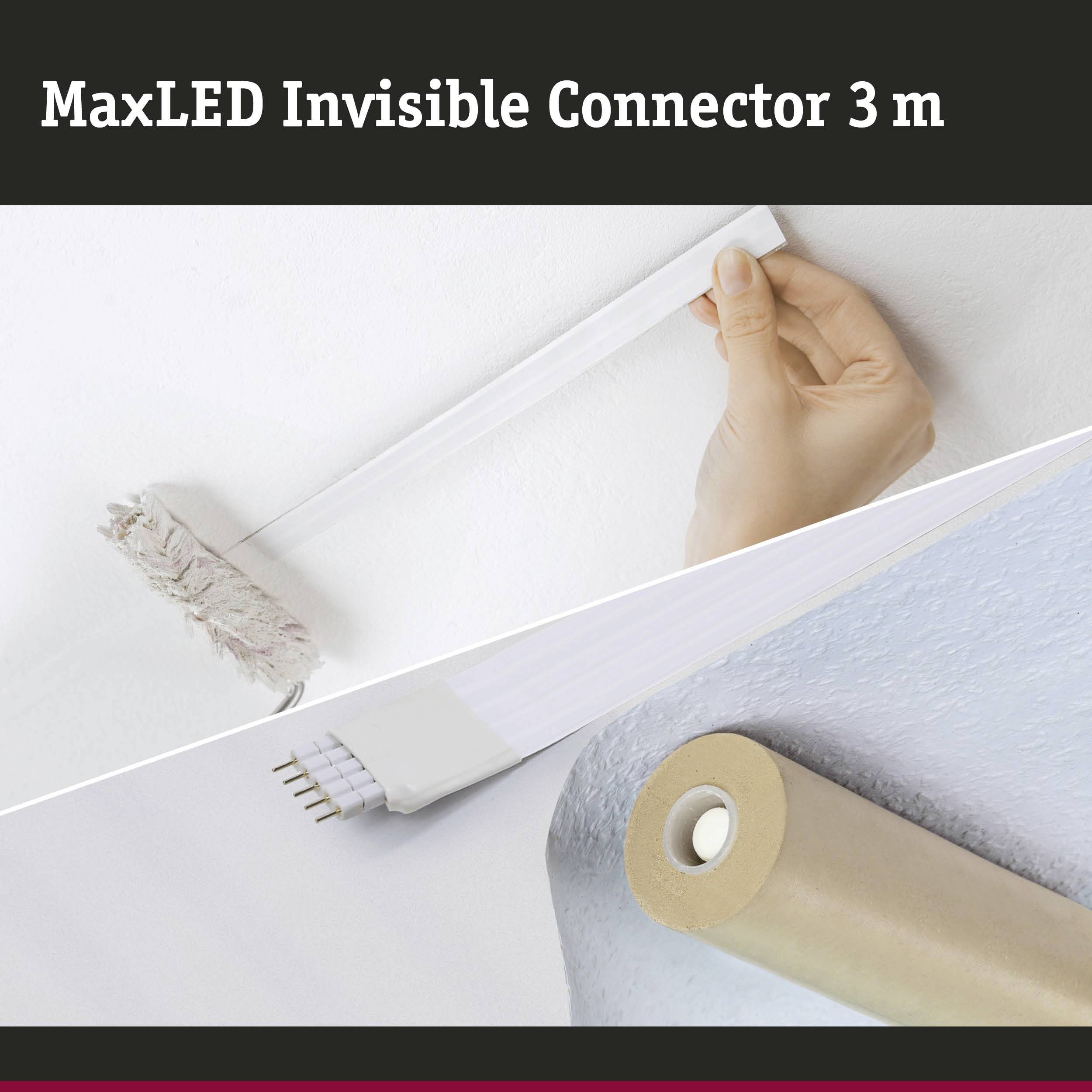 Hand trekt een lang, wit LED-verbindingskabel in een hoek. Tekst bovenaan: 'MaxLED Invisible Connector 3 m'.