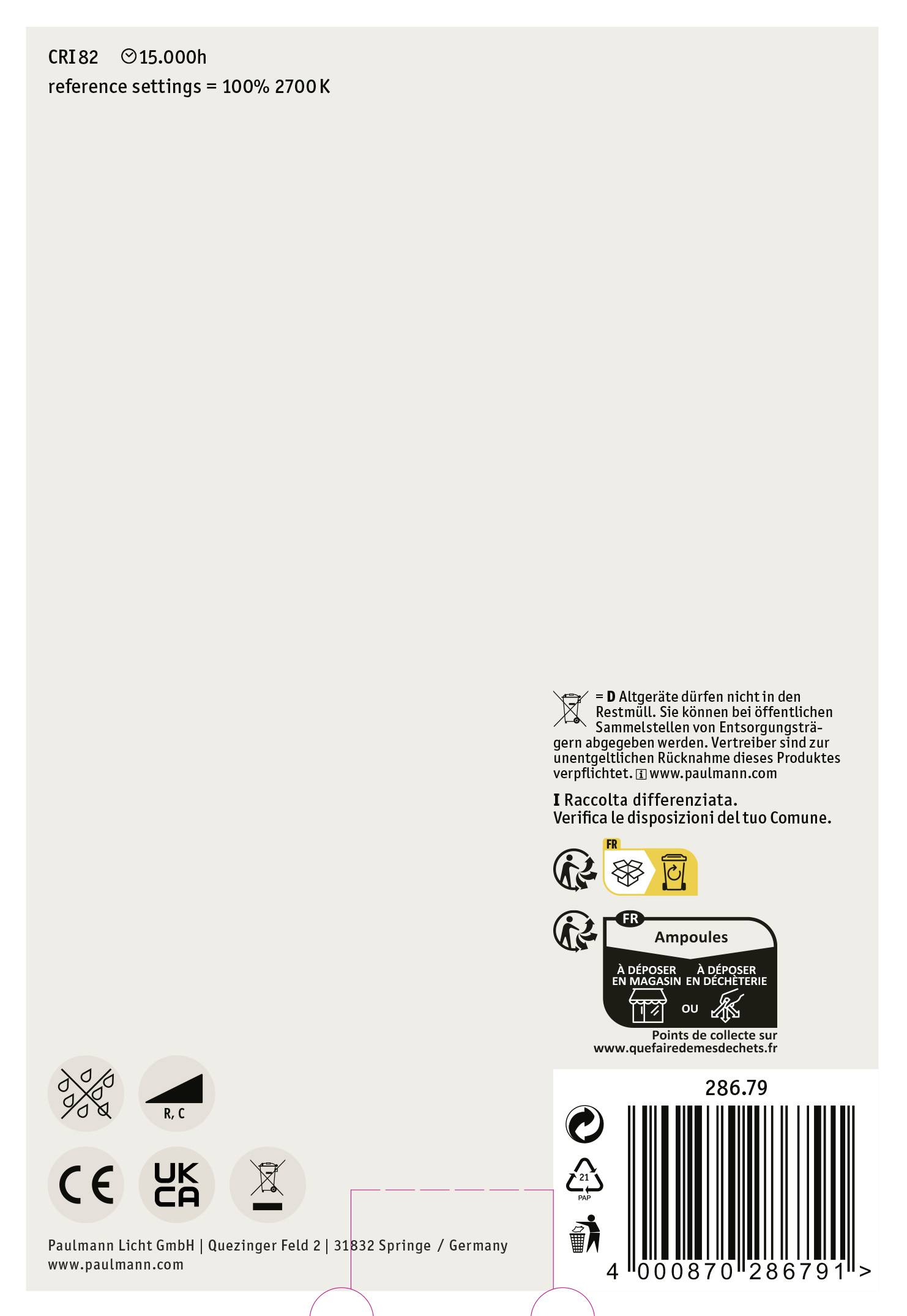 Achterkant van een lampverpakking met technische details: CRI 82, levensduur 15.000 uur, 2700K. Bevat recycling-instructies en streepjescode.