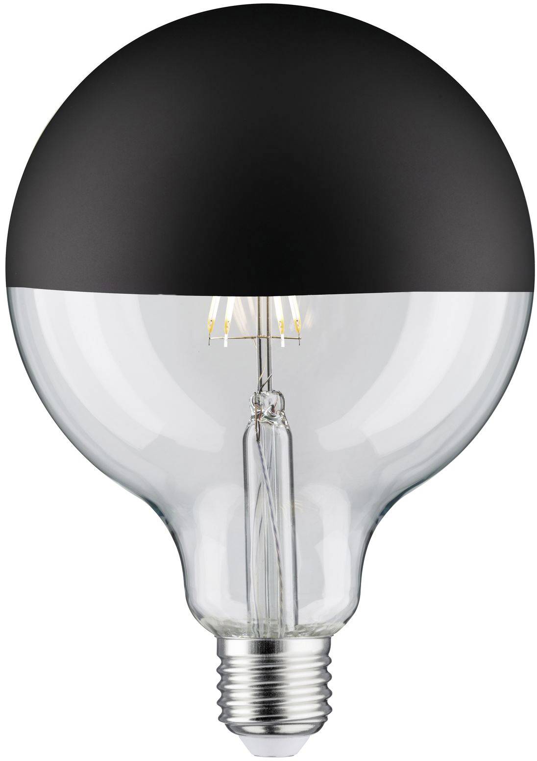 Een gloeilamp met een zwarte kap bovenaan. De filamenten zijn binnenin zichtbaar. Geschikt voor stijlvolle, moderne verlichting.
