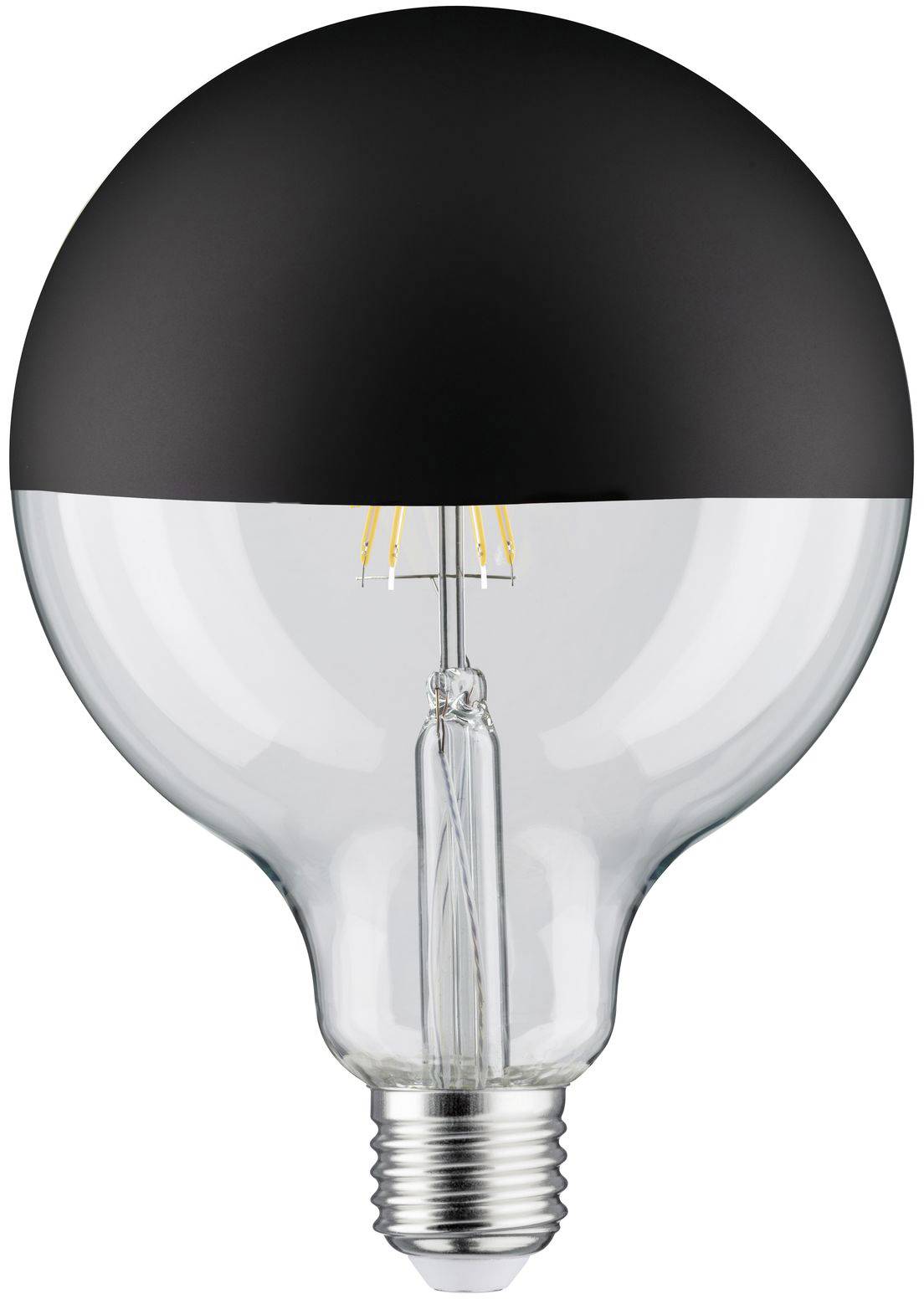 Een transparante gloeilamp met een zwart bovenste gedeelte, zonder zichtbare lichtsterkte; geschikt voor decoratieve doeleinden.