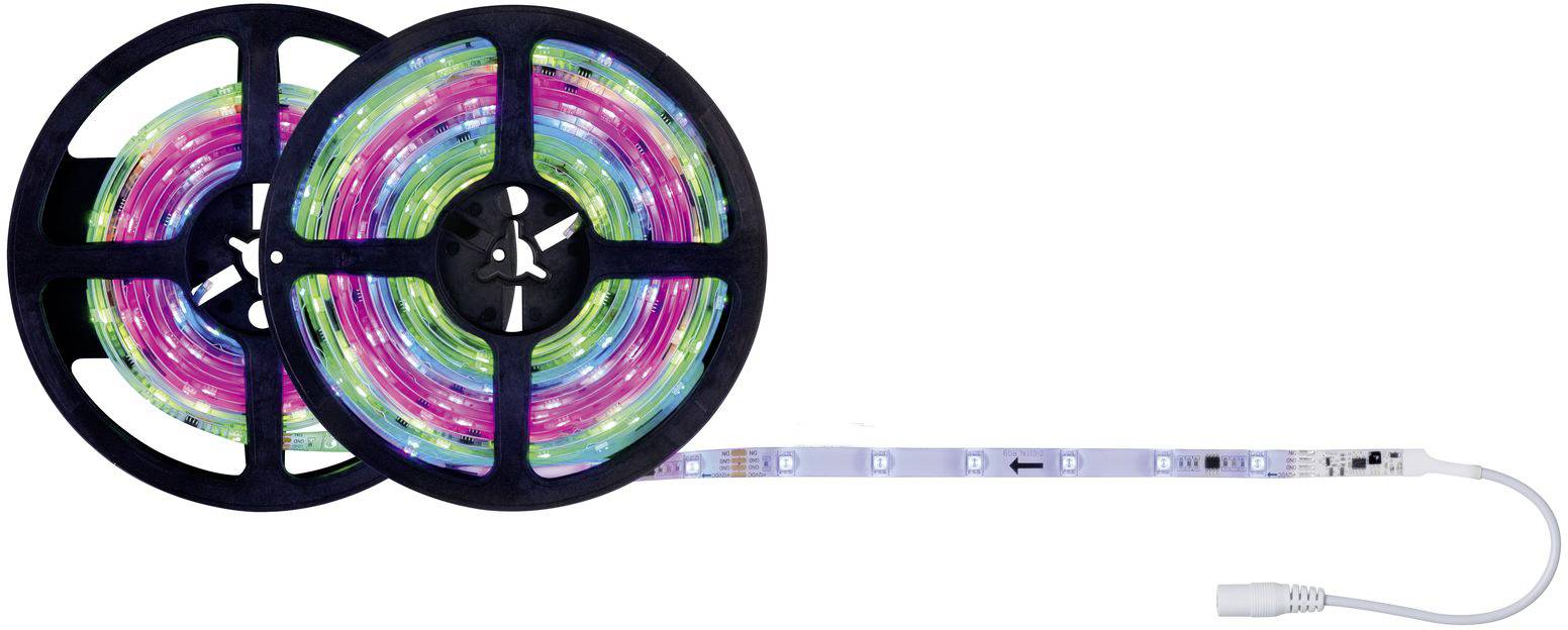 Twee rollen gekleurde LED-strips, gedeeltelijk uitgerold, met aansluitkabel.