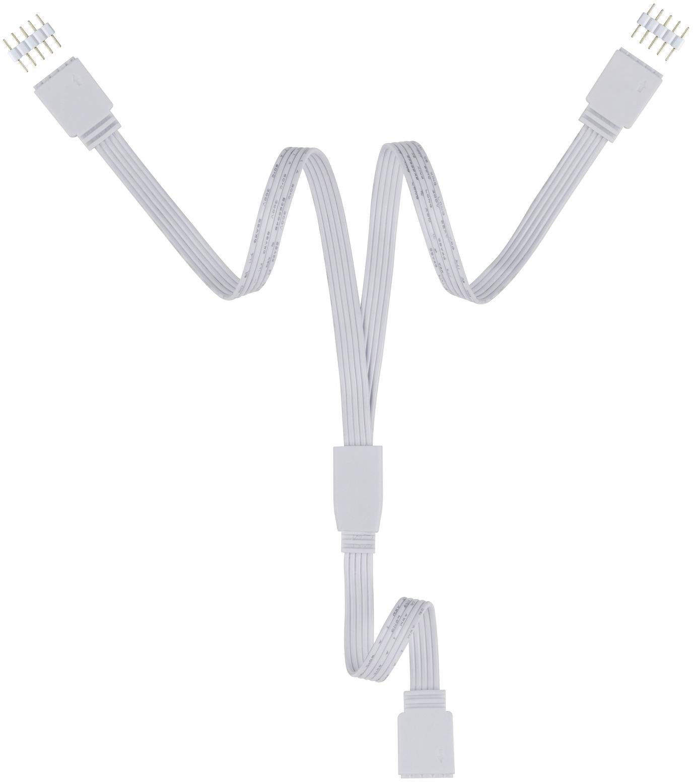 Een wit kabel met drie aansluitingen die zich vanuit een centraal punt in verschillende richtingen uitstrekken.