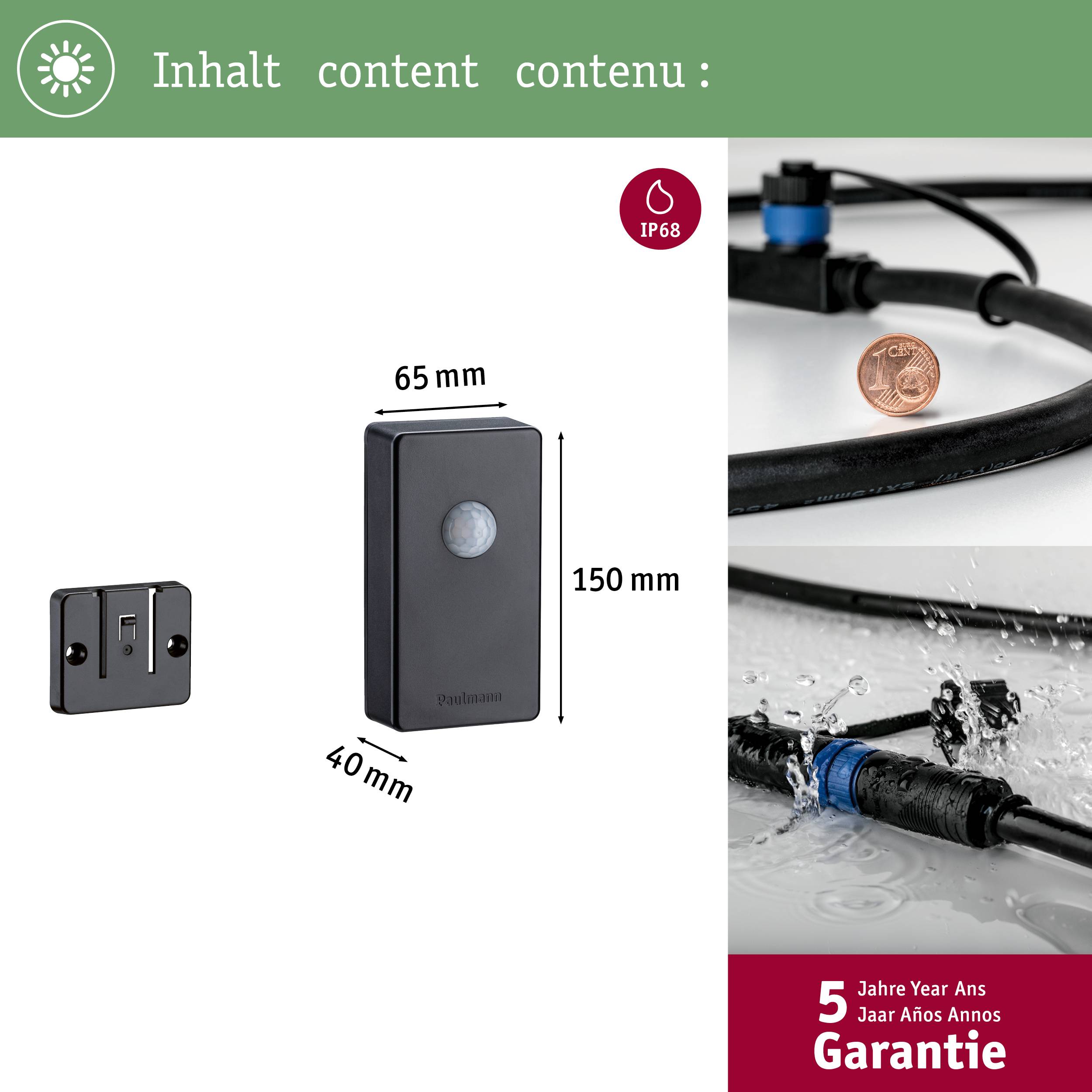 'Bewegingsdetector 65x150x40mm, IP68 gecertificeerd, naast een slang met 5 jaar garantie. Inhoud in het Duits, Engels, Frans.'