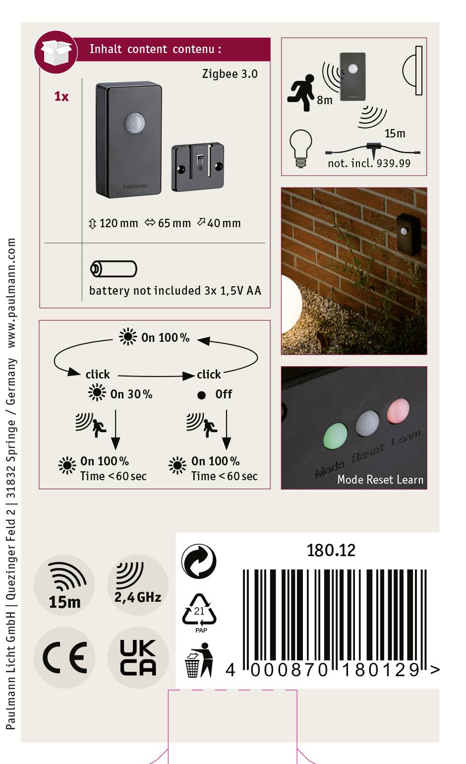 'Productverpakking voor een Zigbee-deurcontact. Bevat afbeeldingen van de sensor, technische specificaties, prijs, streepjescode en logo's.'