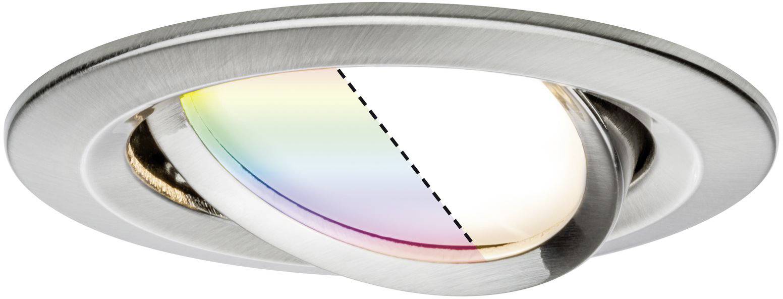Een zilveren inbouwspot met kantelbaar glas vertoont een kleurovergang van regenboogkleuren aan de linkerkant en wit aan de rechterkant.