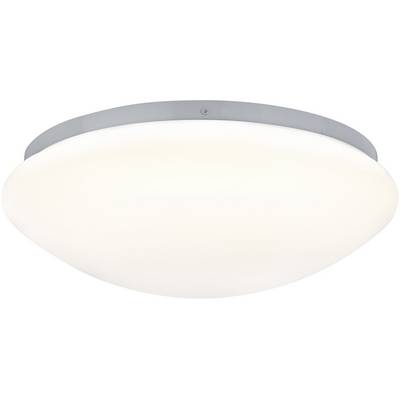 Ronde, platte plafondlamp met een witte lampenkap en zilveren rand, geschikt voor moderne ruimteverlichting.