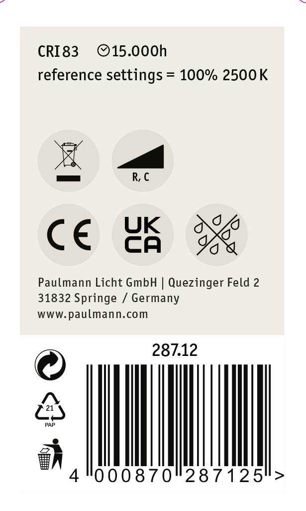 'Etiket met informatie over een gloeilamp: CRI 83, 15.000 uur, 100% bij 2500 K, symbolen voor CE en UKCA, Paulmann Licht GmbH.'