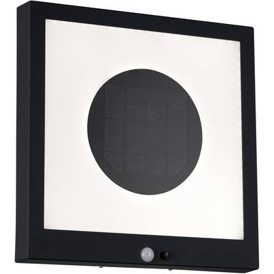 Vierkante solarlamp met zwarte rand en centraal zonnepaneel. Bevat bewegingssensor aan de onderkant van de lamp.