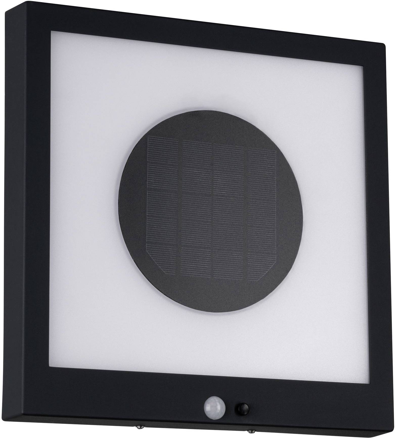 Zwarte vierkante solarverlichting met een rond zonnepaneel in het midden en een kleine sensor onderaan.