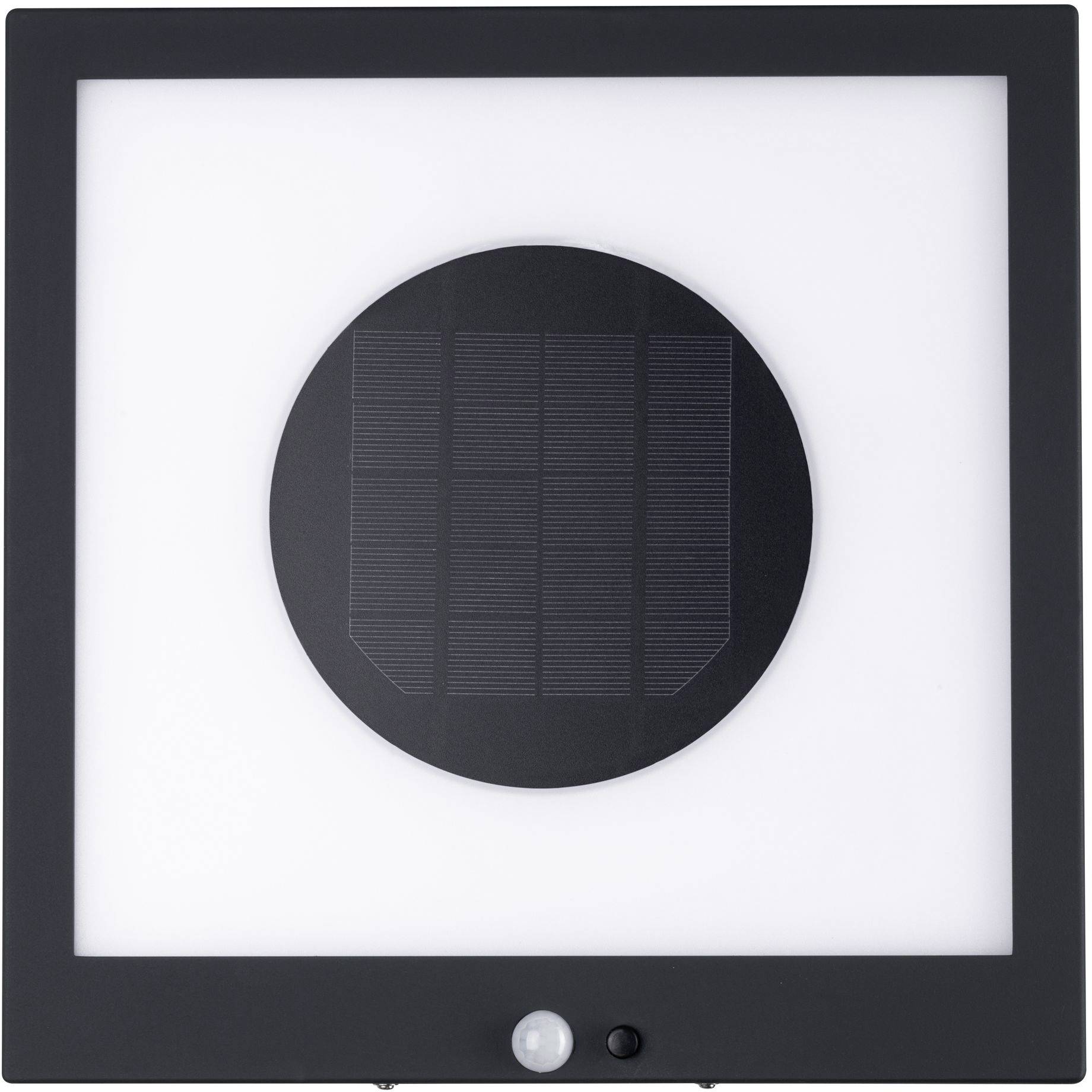 Een vierkante solarlamp met een rond zonnepaneel in het midden en een bewegingssensor onderaan, op een witte achtergrond.