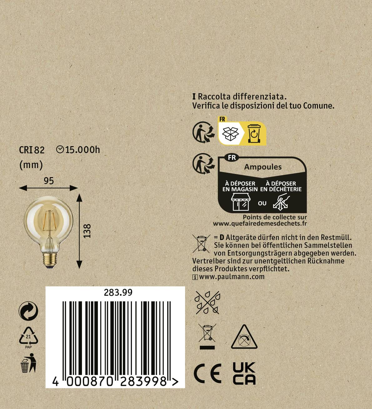 'Ronde gloeilamp, 95 mm, CRI 82, 15.000u levensduur. Recyclinginstructies in meerdere talen. Barcode 4000870283998.'