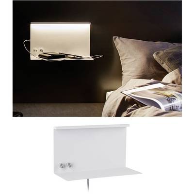 Wandplank met geïntegreerde verlichting en oplaadaansluiting, geplaatst naast een bed. Boven: Plank in duisternis. Onder: Witte plank zonder achtergrond.