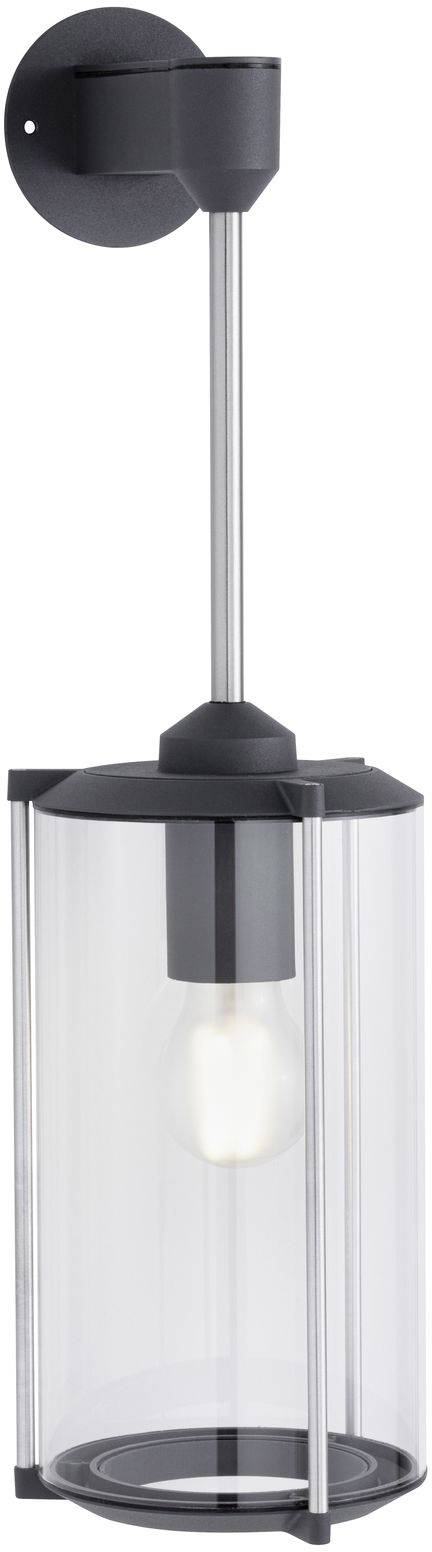 Zwarte wandlamp met transparante glazen cilinder en zichtbare gloeilamp, moderne en elegante verlichtingsoplossing voor binnenruimtes.