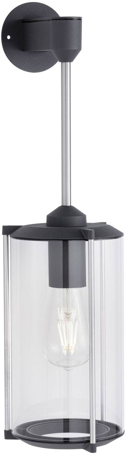 Een moderne, zwarte wandlamp met een heldere glazen kap en zichtbare gloeilamp, gemonteerd op een zilveren staaf.