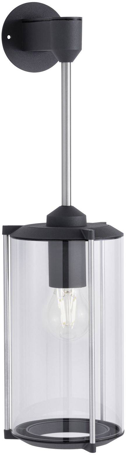 Een zwarte buitenwandlamp met een heldere glazen kap die naar beneden hangt. Hij toont een zichtbare gloeilamp aan de binnenkant.