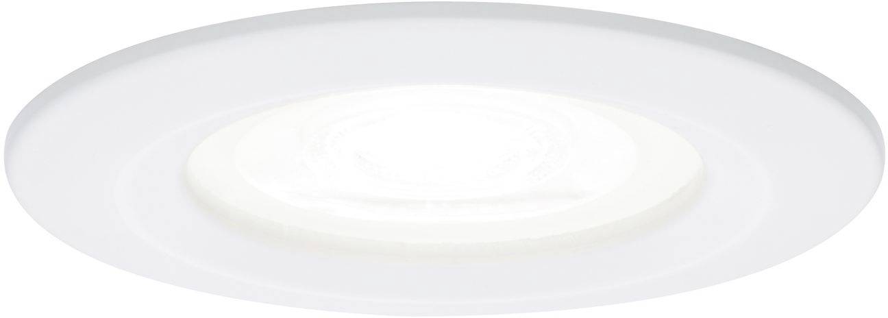 Een rond, plat LED-plafondpaneel in het wit, dat verzonken in het plafond is geïnstalleerd en zorgt voor gelijkmatige ruimteverlichting.