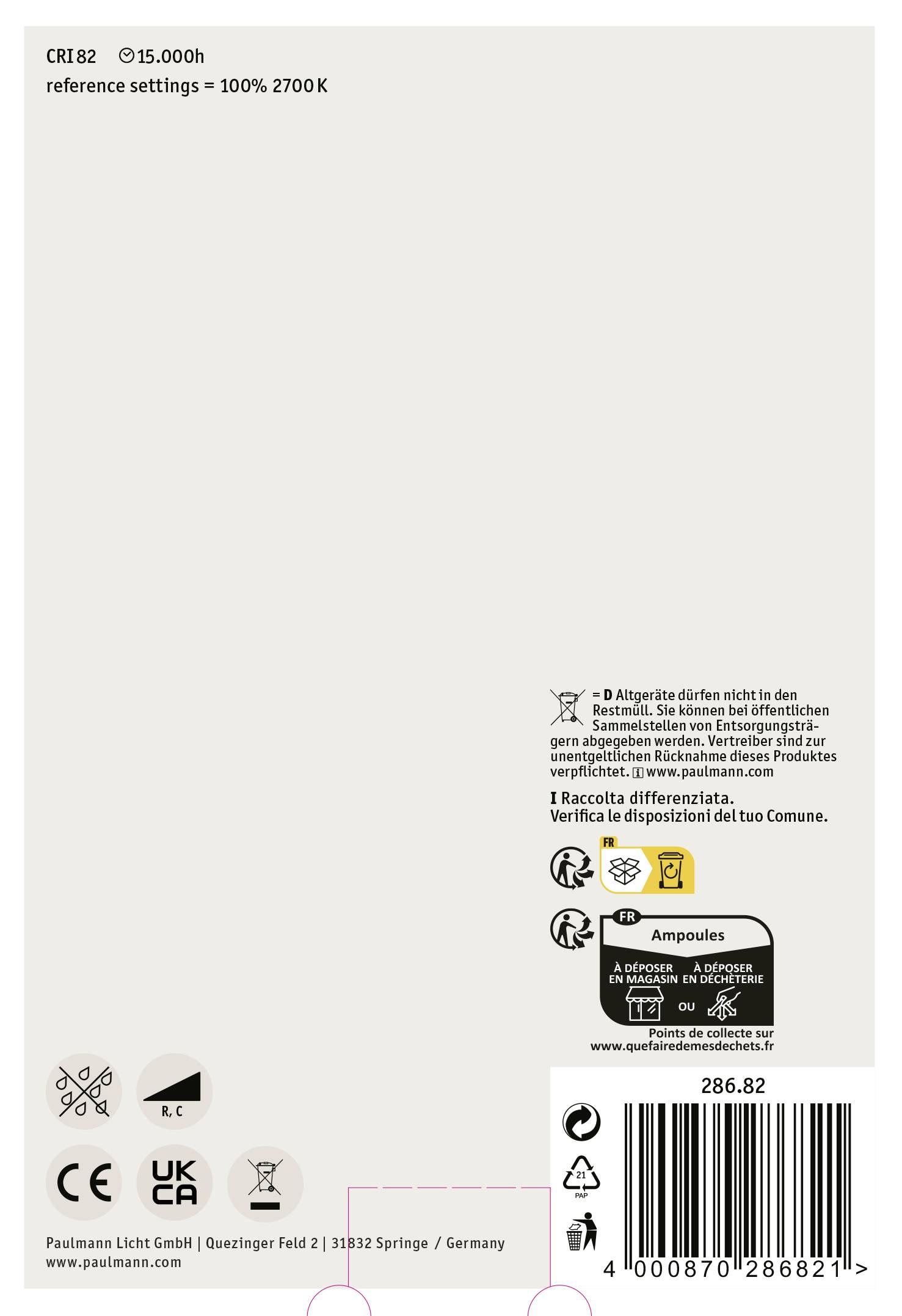 Achterkant van verpakking met technische informatie: CRI 82, 15.000u levensduur, 2700K, recyclageinstructies, streepjescode en fabrikantsadres.