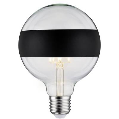 Een gloeilamp met een brede, zwarte streep in het midden, ingeschakeld en oplichtend, tegen een witte achtergrond.