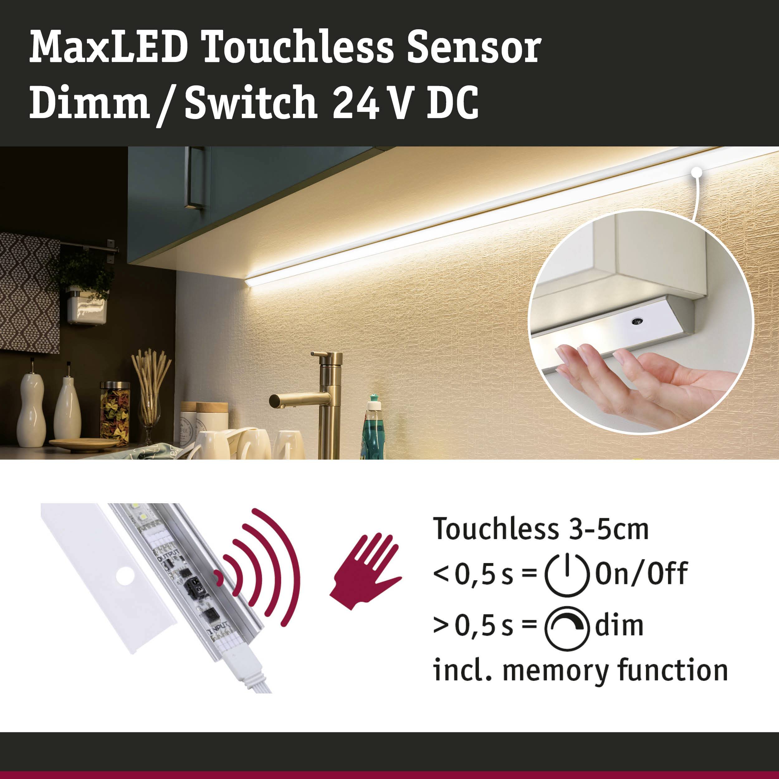 Verlichtingssysteem in keuken. Aanraakloze sensor voor dimmen en schakelen. Sensorgebied 3-5 cm. Geheugenfunctie inbegrepen.
