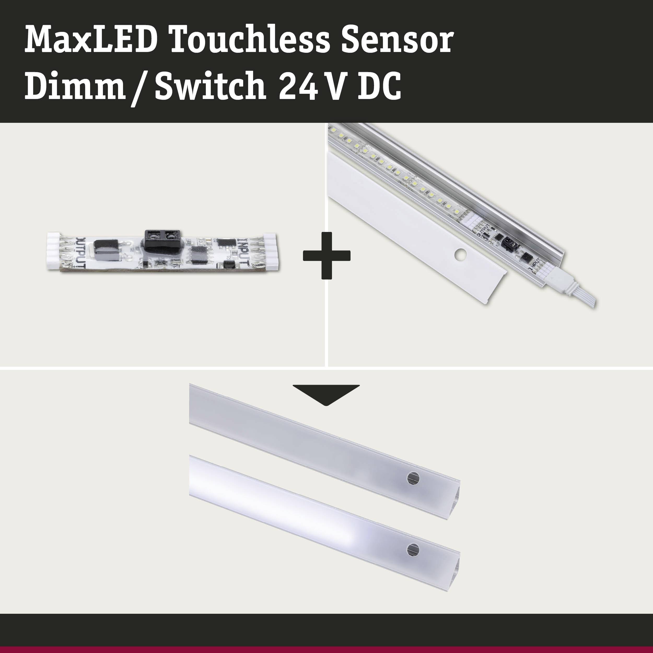 MaxLED aanraakloze sensor dimschakelaar voor 24 V DC. Afbeelding toont componenten: sensor en LED-strip, evenals verlichtingsresultaten.
