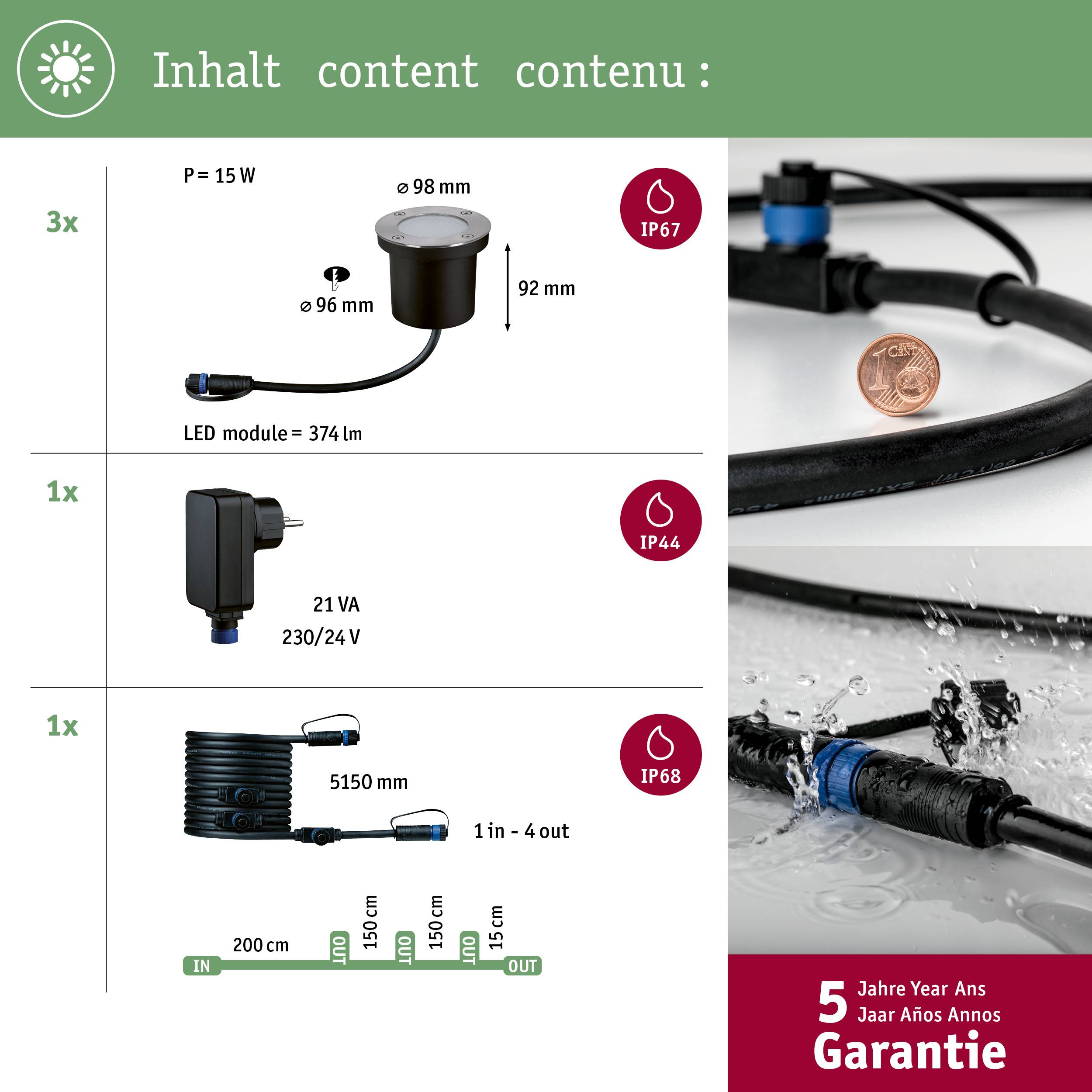'Verpakkingsinhoud: 3x LED-verlichting, 1x LED-module, 1x aansluitkabel. LED-verlichting: IP67, IP44, IP68 bescherming. 5 jaar garantie.'