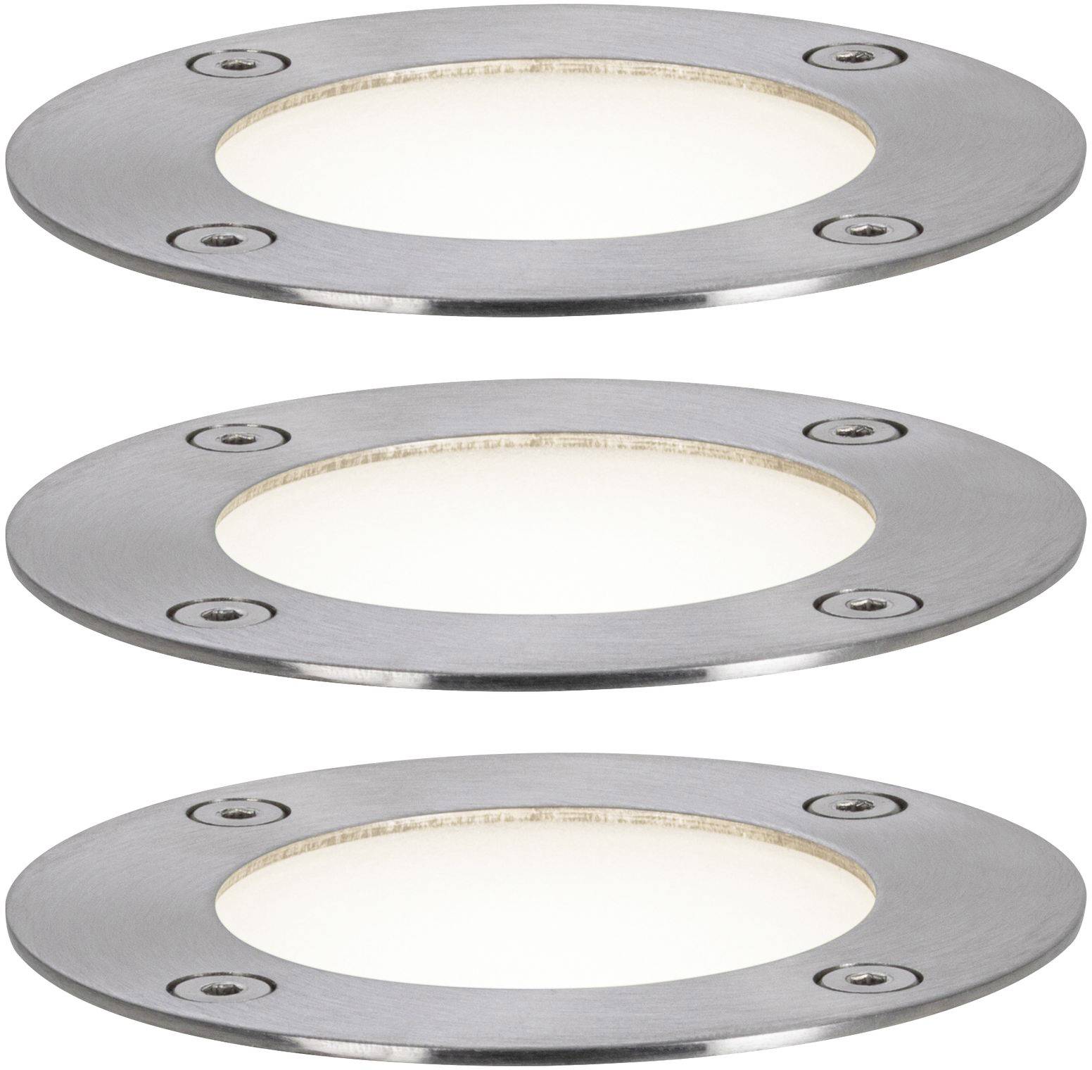 Drie ronde, zilveren LED-vloerlampen met zichtbare schroeven, ideaal voor stijlvolle buitenverlichting.