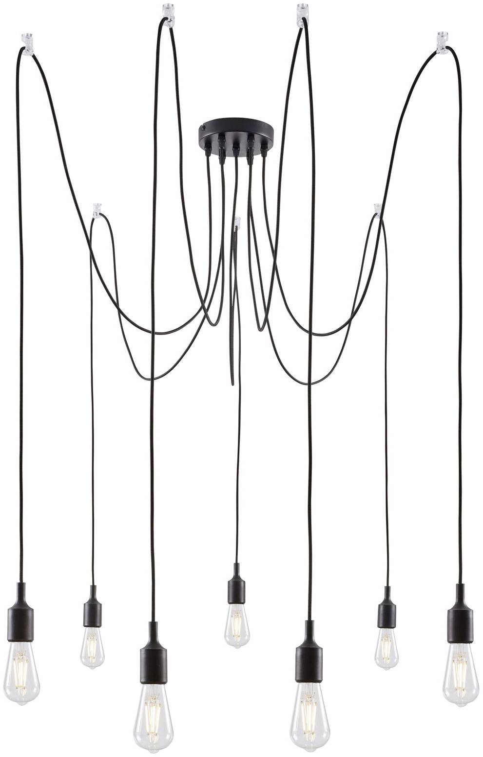 Acht hangende lampen met vrij bewegende zwarte kabels die neerhangen van een centrale plafondbevestiging.