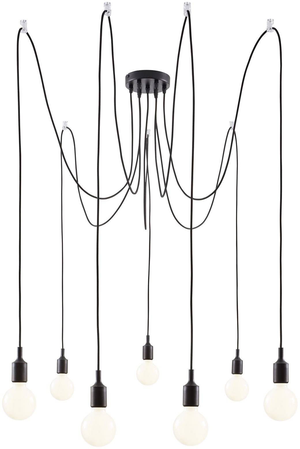 Een hanglamp met zeven vrij hangende gloeilampen aan lange, zwarte kabels, symmetrisch uitgaand van een centrale basis.