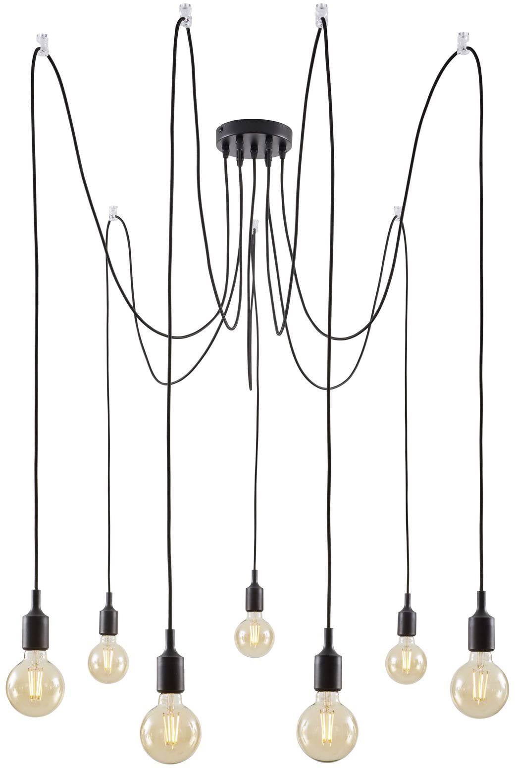 Hanglamp met meerdere gloeilampen aan lange, sierlijke snoeren, bevestigd aan het plafond. Modern en decoratief ontwerp.