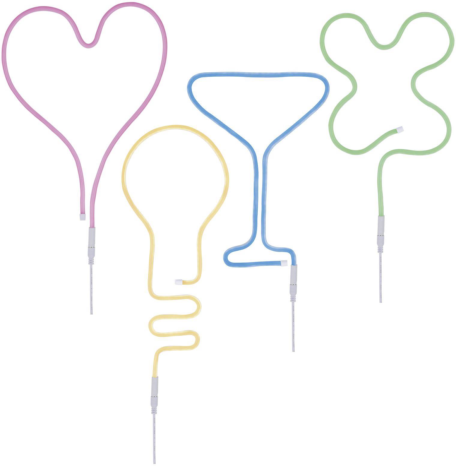 Vier kleurrijke LED-kabels in de vormen van een hart, gloeilamp, cocktailglas en klaverblad liggen op een witte achtergrond.